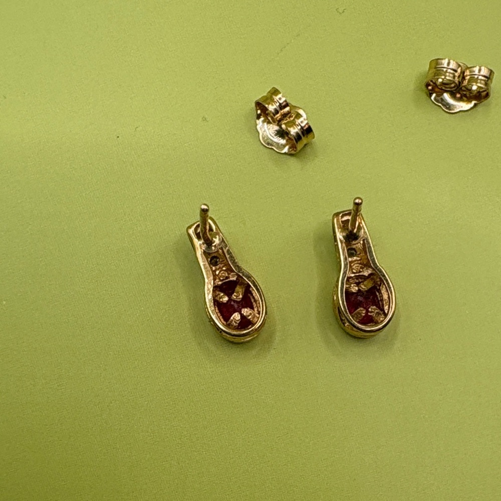 Genuine Ruby and Diamond Chip 14K Gold Stud Earrings - Picture 5 of 9
